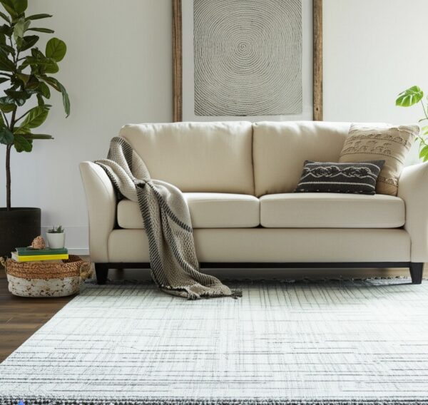 Low-pile white rug featuring fine dark gray linear patterns beneath a neutral sofa and wood floors.