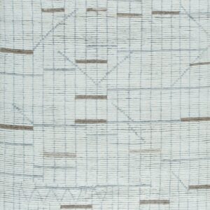 Textured off-white rug with a subtle gray grid pattern, horizontal taupe bars, and dark gray fringed edges.