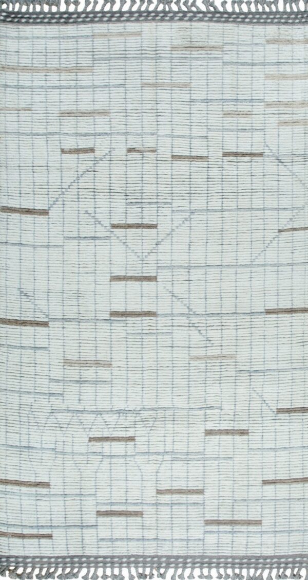 Textured off-white rug with a subtle gray grid pattern, horizontal taupe bars, and dark gray fringed edges.