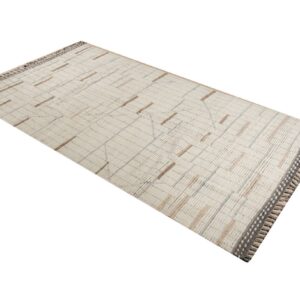 Textured cream rug with brown and gray geometric patterns and decorative gray knotted ends.