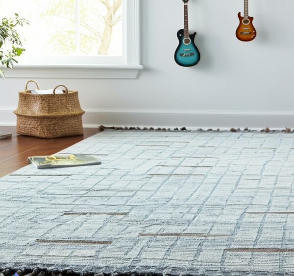 A textured light blue and brown grid pattern rug with fringe lies on hardwood floors.