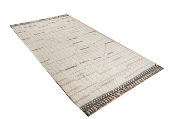 High-pile cream runner rug with beige rectangular accents and gray polka dot borders with fringe.