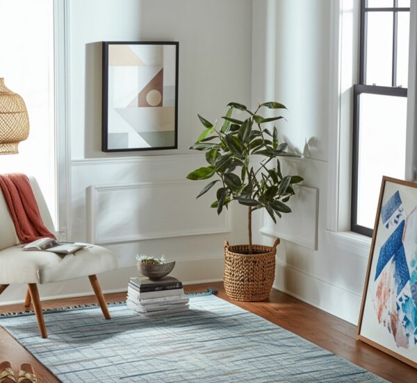 A light blue and tan striped flatweave rug anchors a reading corner with a white chair and plant.