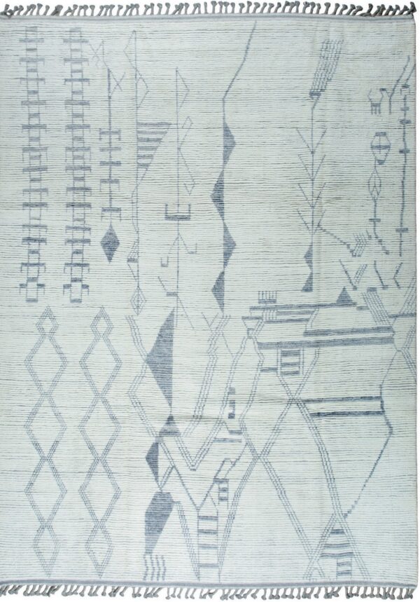 Textured off-white rug with blue-gray abstract symbols, geometric shapes, and tassels on the ends.