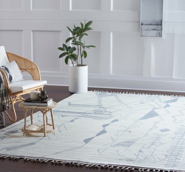 Light textured rug with a blue abstract geometric pattern on dark wood flooring in a paneled room.