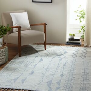 Light gray geometric rug with blue patterns and tassels placed under a neutral upholstered chair.