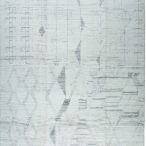White textured rug displaying an abstract geometric pattern in faded shades of gray, with short tassels.