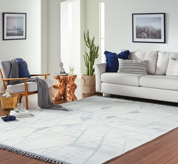 A large off-white rug with light blue geometric patterns and fringe rests on a hardwood floor beneath a white sofa.