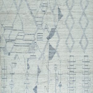 Textured cream rug with light blue-gray abstract geometric patterns and prominent horizontal ridges, finished with tassels.