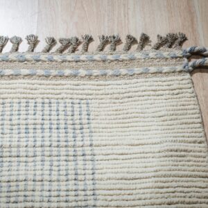 Textured cream rug with blue checkered pattern, braided borders, and gray tassels on light wood.