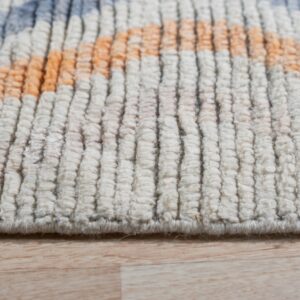 Thick, shaggy cream rug pile shows geometric orange and blue shapes over light wood.
