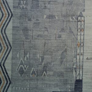Light gray rug with densely woven dark blue lines creating an abstract linear geometric pattern.