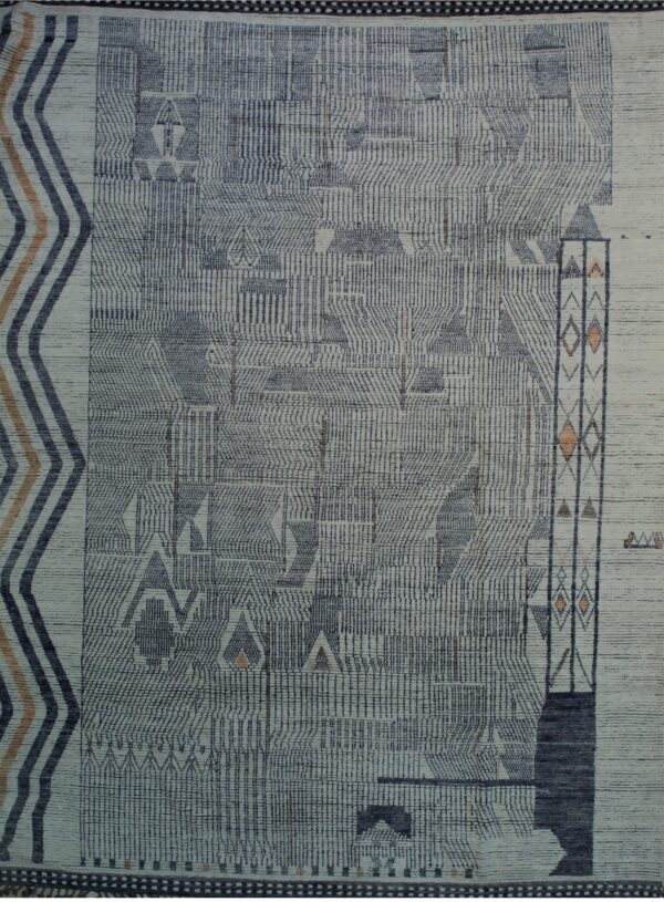 Light gray rug with densely woven dark blue lines creating an abstract linear geometric pattern.