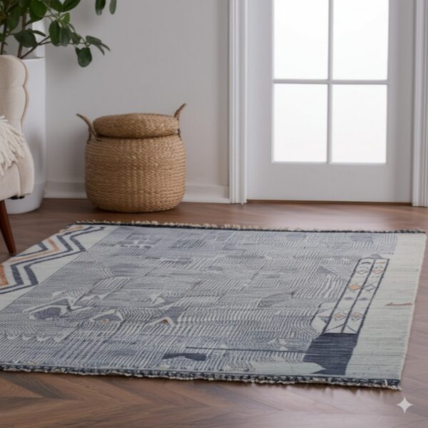 Abstract blue and cream flatweave rug on wood floors, accented by a woven basket and armchair.