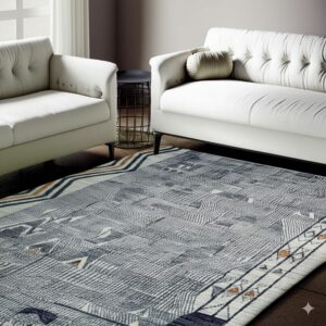 Gray and blue geometric patterned rug with orange details anchors white seating on dark wooden floors.