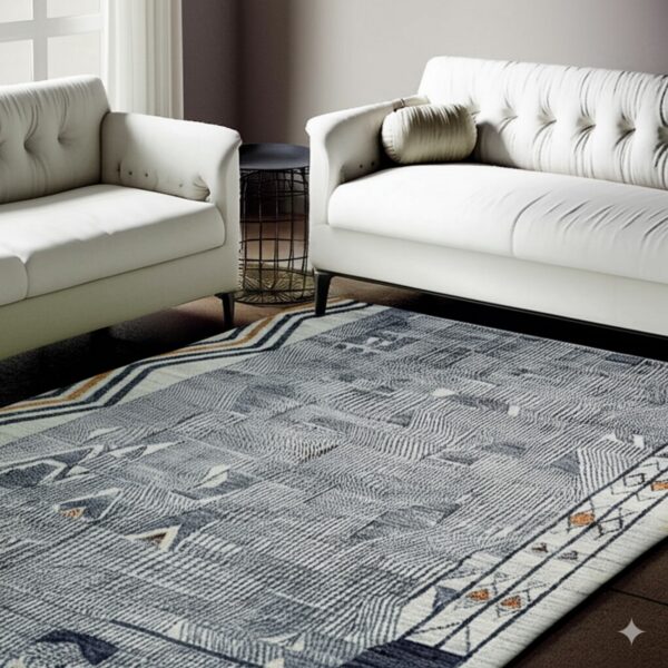 Gray and blue geometric patterned rug with orange details anchors white seating on dark wooden floors.