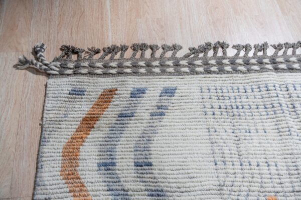 Chunky off-white rug with blue and orange geometric patterns, featuring a decorative braided gray border on wood flooring.