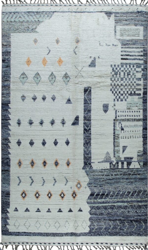 Textured rug featuring an asymmetrical abstract geometric pattern in cream, navy, blue, and orange.