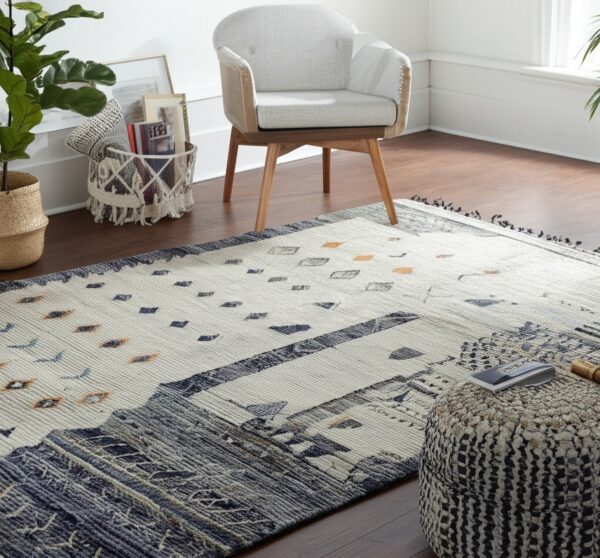 A textured cream flatweave rug with navy and rust geometric patterns covers a dark wood floor.