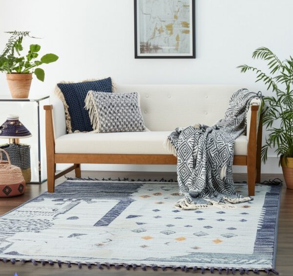 Light blue flatweave rug with navy geometric patterns and tassels beneath a modern wooden sofa.