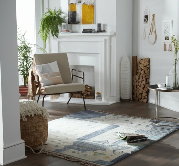 An abstract blue and cream rug anchors a reading nook with a beige chair by a white fireplace.