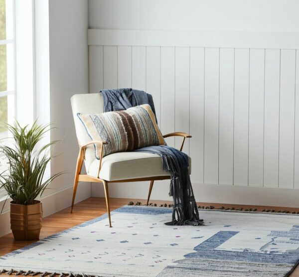 Low-pile rug with white field, blue geometric patterns, and purple accents beneath a contemporary chair.