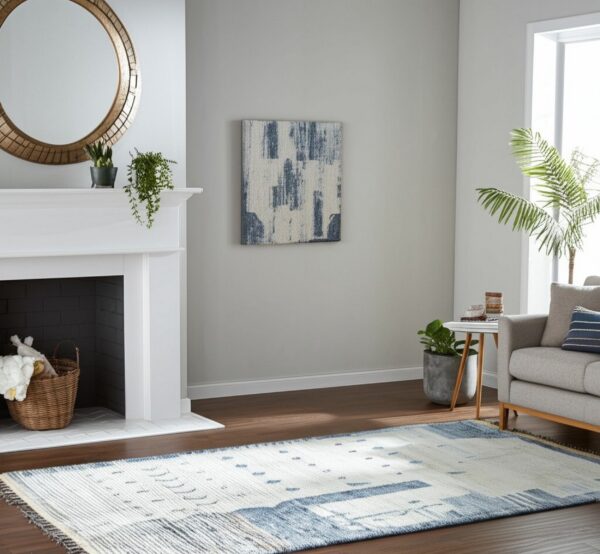 Abstract blue and cream rug anchors a bright living room with a white fireplace and gray couch.