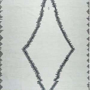 Low-pile white rug with a large black dashed diamond motif and geometric borders.