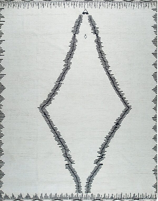 Low-pile white rug with a large black dashed diamond motif and geometric borders.