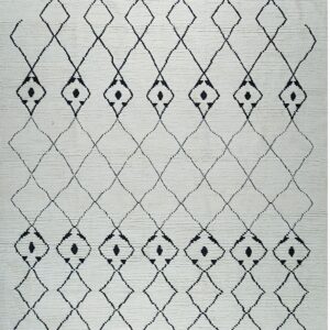 Off-white textured rug with a black lattice of diamonds, some containing solid geometric motifs.