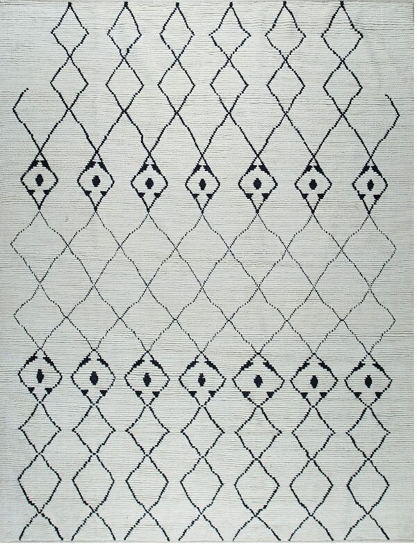 Off-white textured rug with a black lattice of diamonds, some containing solid geometric motifs.