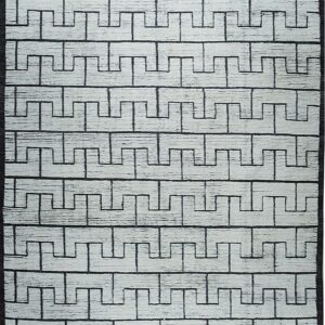 Highly textured black and off-white rug with a repeating horizontal stepped geometric pattern.