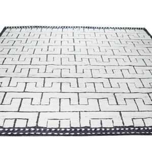 White textured rug featuring a bold repeating dark geometric meander pattern and a contrasting dark border.