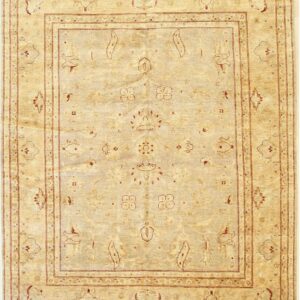 Traditional beige rug with a sparse pattern and multiple borders outlined in red-brown.