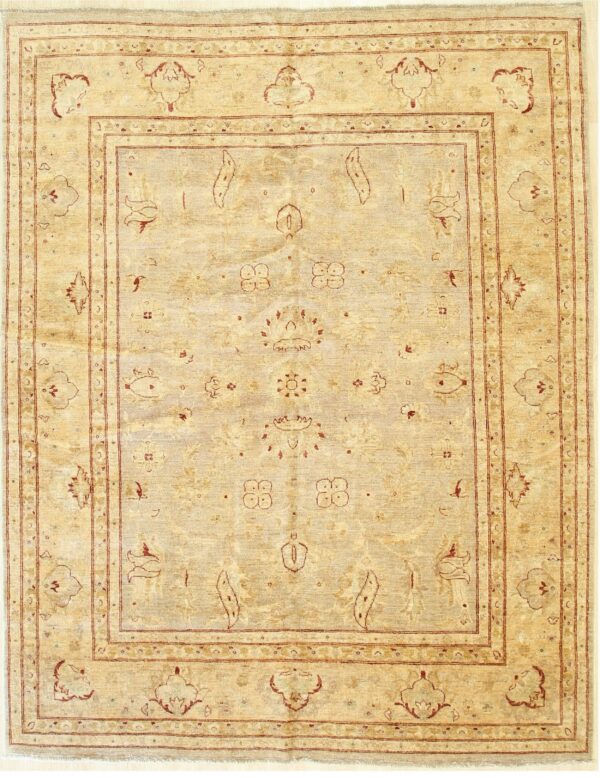 Traditional beige rug with a sparse pattern and multiple borders outlined in red-brown.