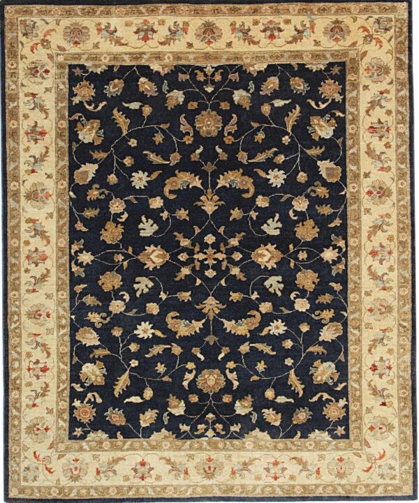 Navy blue rug with intricate gold and cream floral motifs and a detailed wide beige border.
