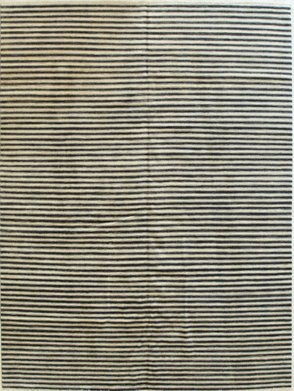A low pile area rug featuring alternating thin horizontal stripes in dark brown and pale tan.