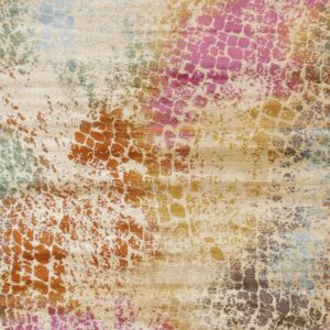 Abstract low-pile rug featuring a distressed pattern in beige, rust, magenta, green, and teal colors.