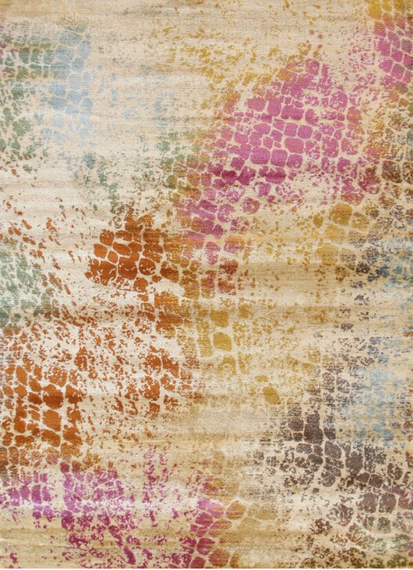 Abstract low-pile rug featuring a distressed pattern in beige, rust, magenta, green, and teal colors.