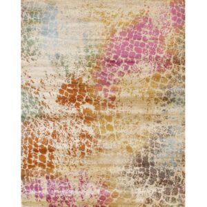 Abstract beige area rug featuring textured, multi-colored patches of magenta, rust, gold, blue, and brown.