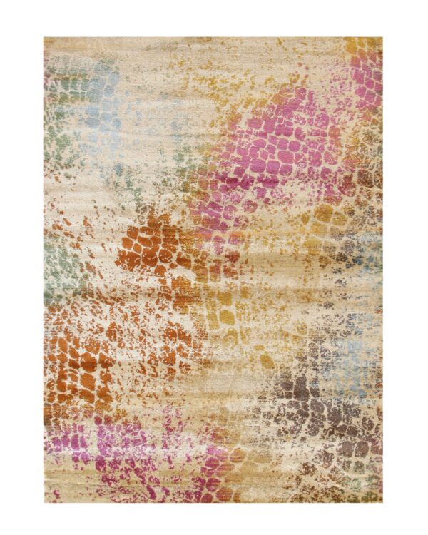 Abstract beige area rug featuring textured, multi-colored patches of magenta, rust, gold, blue, and brown.
