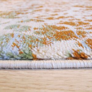 Medium pile rug edge with abstract orange, green, and cream patterns over light wood flooring.