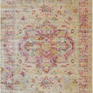 Beige low pile rug with a distressed traditional medallion pattern in vibrant pink, light blue, and gold.