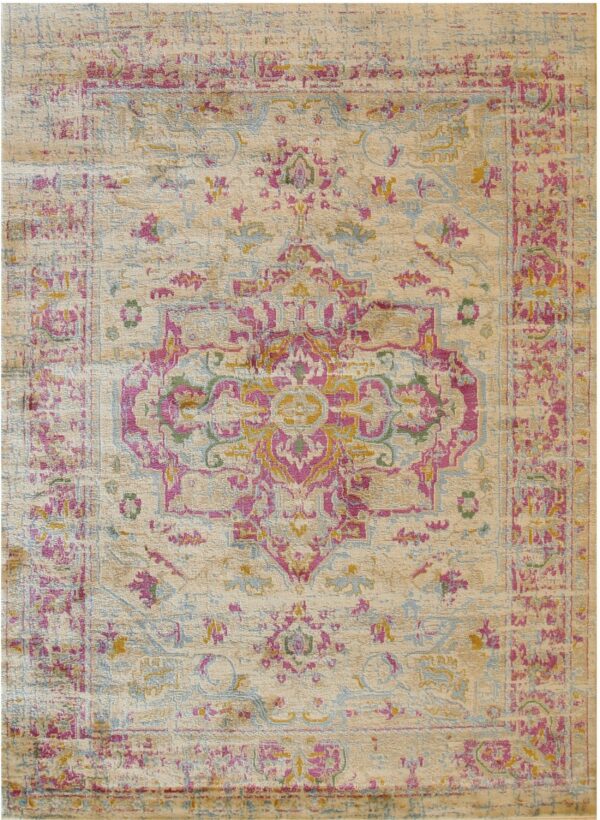 Beige low pile rug with a distressed traditional medallion pattern in vibrant pink, light blue, and gold.
