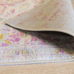 Low pile rug in cream, pink, and yellow, showing the woven backing on light wood floors.