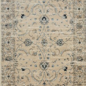 A classic beige rug featuring ornate floral motifs in muted blue and brown, with a distressed texture.