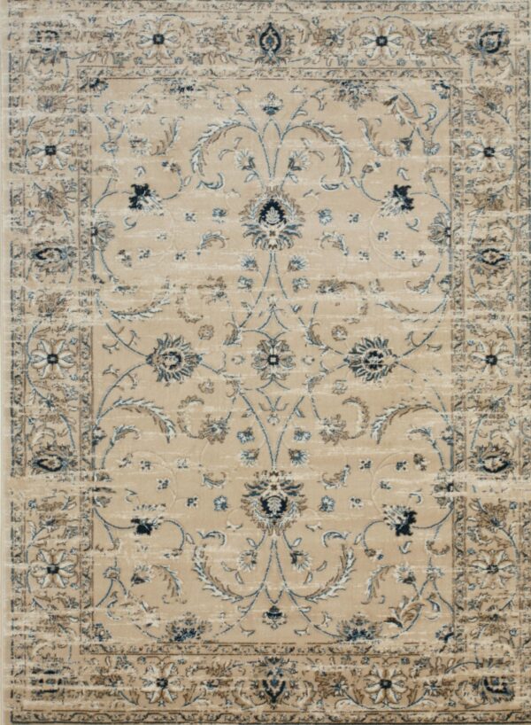 A classic beige rug featuring ornate floral motifs in muted blue and brown, with a distressed texture.