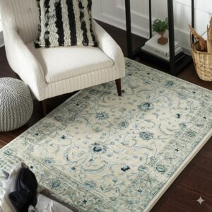 Traditional beige and blue area rug on a dark wood floor anchors a corner with a cream chair.