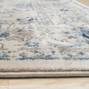 Cream rug with visible medium pile features a distressed pattern in blue and taupe on light wood.