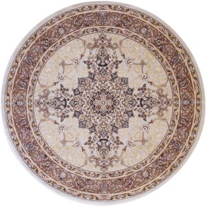A circular rug featuring a classic medallion and border design in cream, beige, and chocolate brown.